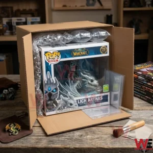 Open shipping box containing a World of Warcraft vinyl figure with professional packing materials!