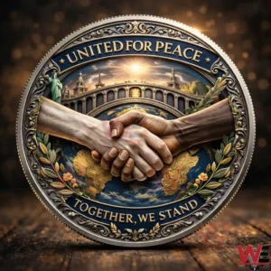 Commemorative peace coin with a handshake over the world!