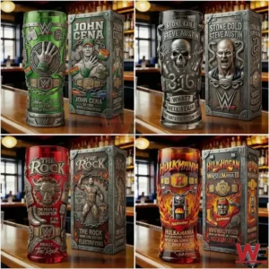 Four wrestling themed collector glasses with matching display boxes in a bar setting!