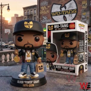 Wu Tang inspired Oliver Power Grant collector figure beside its display box in a city street setting!