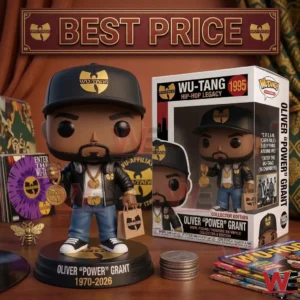 Wu Tang Clan Oliver Power Grant Pop Figure Doll 3 Wu Tang inspired Oliver Power Grant collector figure with box displayed among music themed items indoors!