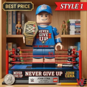 A building block style John Cena figure in a wrestling ring with a title belt!