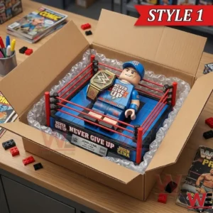 An open shipping box containing the John Cena wrestling ring display secured by bubble wrap!