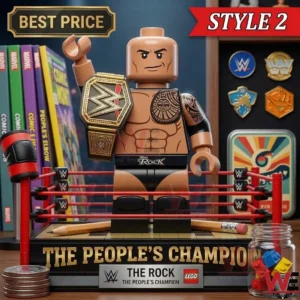 The Rock building block figure in a checkered wrestling ring holding a championship!
