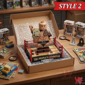 A shipping box holding The Rock building block figure and his custom wrestling ring!