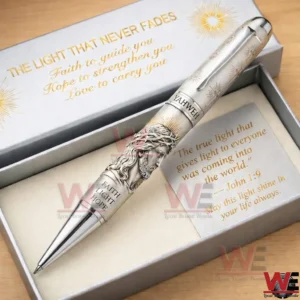 Luxury silver religious gift pen with a 3D carving of Jesus and a Bible verse card inside a presentation box!