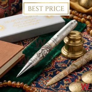 A silver Christian themed pen with a 3D sculpture of Jesus Christ and inspirational words on a velvet surface!