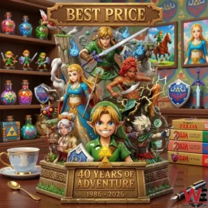 A commemorative Zelda sculpture featuring various characters and a 40th anniversary plaque on a desk with potions and books!