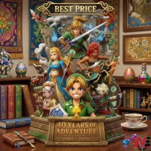 A Zelda anniversary statue on a desk surrounded by vintage books maps and tea in a cozy room!
