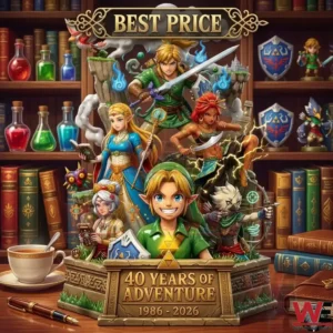 A Zelda character diorama in front of a shelf with magic potions shields and collectible figures!