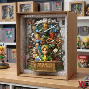 A Zelda anniversary sculpture packed inside a cardboard box with bubble wrap in a hobby room!