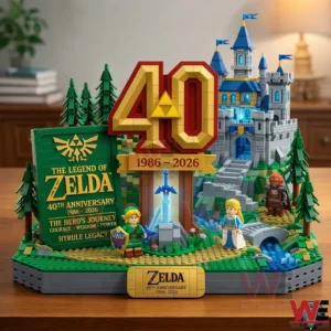Building block Zelda anniversary display with a large forty sign a castle and two characters on a base!