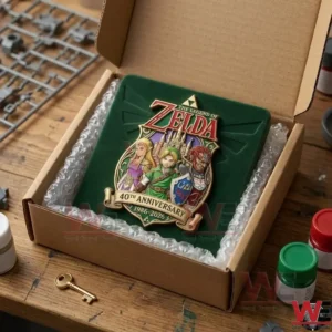 Zelda 40th Anniversary Emblem Badge 3 A shipping box containing a Zelda anniversary pin on a velvet mount secured by bubble wrap on a wooden desk!
