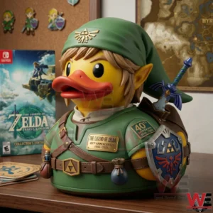 Duck hero figure in green outfit with sword and shield on a desk near a game box!