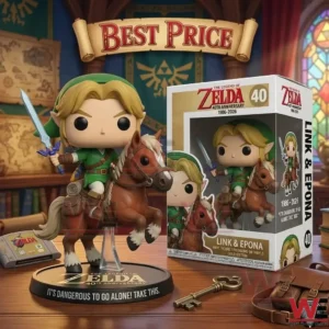 A Link and Epona vinyl figure standing on a desk next to its original box and Zelda themed accessories!