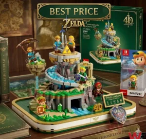 A complex building block diorama of the Legend of Zelda anniversary set with characters fountain and themed accessories on a desk!