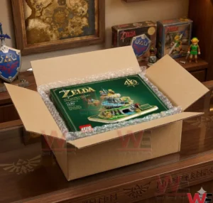 The boxed Zelda anniversary building set packed for shipping inside a cardboard box with protective bubble wrap!