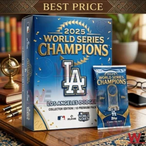 A detailed close up photograph of a blue and gold collector box for the 2025 World Series Champions Los Angeles Dodgers baseball trading cards set on a wooden desk! A single sealed pack of cards with the trophy on it is leaning against the right side of the box!