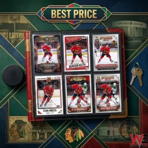 Open binder with six specific Blackhawks player trading cards!