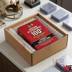 Cardboard shipping box containing bubble wrapped Chicago Blackhawks anniversary card set box!