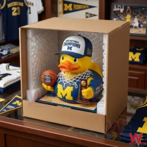 2026 National Champions Michigan Wolverines Rubber Duck 5 Michigan Wolverines basketball player rubber duck figure inside its original custom packaging box.