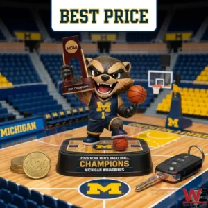 A detailed view of a wolverine raccoon figurine with a trophy on a court!