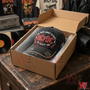 A cardboard box, open and lined with bubble wrap, holds a black denim AC/DC cap with red embroidery, sitting on a worn leather trunk. T-shirts and vinyl records are out of focus in the background.