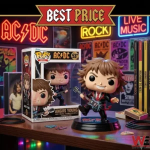 Detailed view of small vinyl rock musician figure on a branded stand!