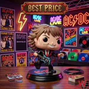 ACDC 53rd Anniversary Electricity Devil Angus Young POP! Vinyl Figure 4 Close up of a small vinyl rock musician figure on a branded stand with guitar!