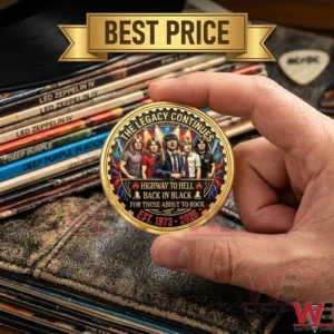 A hand holding a gold AC DC coin with band members depicted on the face set against a backdrop of vintage vinyl record covers!