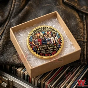 A gold AC DC collector coin presented in a cardboard gift box sitting on a leather surface near a record collection!