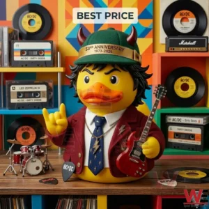 A rubber duck styled as Angus Young with horns and a school uniform! It is holding a guitar and making a rock on sign on a store shelf!