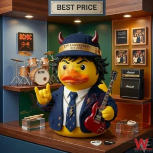 A rubber duck dressed as Angus Young with horns in a detailed rock memorabilia display! It is surrounded by amplifiers and band photos!