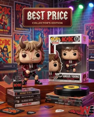 Vinyl figure of Angus Young with horns holding a guitar next to a collector box on a desk!
