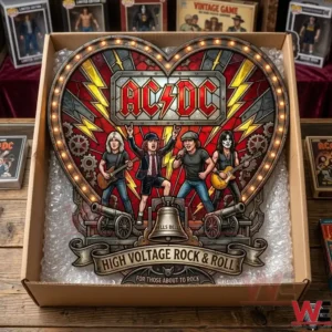 ACDC High Voltage Rock & Roll Suncatcher 3 An illuminated AC DC stained glass rock band light sculpture is displayed inside an open cardboard box filled with protective bubble wrap on a wooden table.