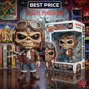 A collectible vinyl figure of a skeletal pilot holding a toy plane next to a decorative box on a table!