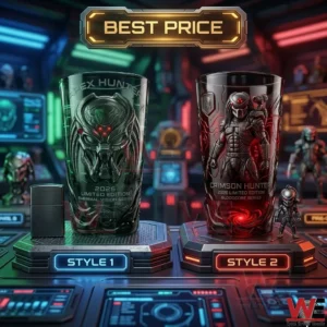Two drinking glasses depicting Predator characters are showcased in a highly technical futuristic laboratory setting! Each glass has detailed artwork and branding labels and is positioned on its own lit display base! The atmosphere is dark with extensive colored light trails!