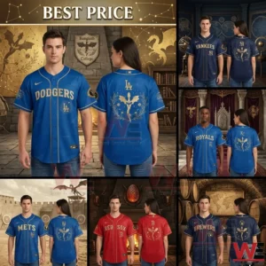 Collage of models wearing blue and red baseball jerseys with gold team names and dragon graphics on the back!
