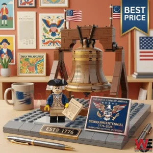 A plastic building block model of the Liberty Bell with a colonial soldier figure and a commemorative plaque on a desk!