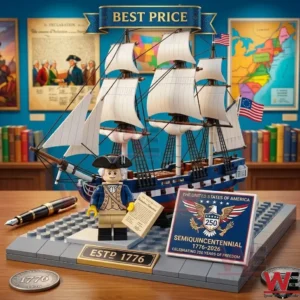 A detailed plastic block model of a historic sailing ship with a colonial figure and anniversary plaque on a wooden table!