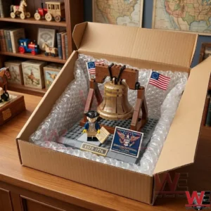High angle view of a plastic block model of the Liberty Bell inside a cardboard box with bubble wrap!