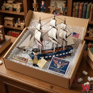 A plastic building block sailing ship model packed in a cardboard box with protective wrap on a wooden surface!