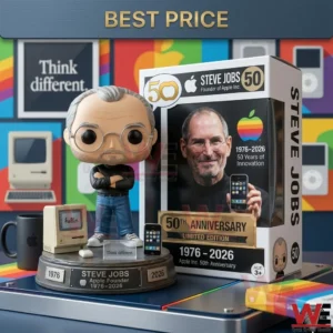 Detailed photograph of a vinyl collectible figure of Steve Jobs in his signature outfit standing on a wooden memorial base! The base lists his name and key dates 1976-2026! Miniature Apple devices like a classic Mac and iPhone are arranged on the base! Books and a mug are in the background!