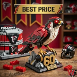 A brick built red and black falcon mascot model on a golden football trophy base within a sports themed room!