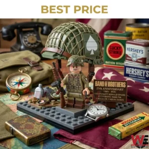 Toy soldier figure and a large green helmet with a spade insignia surrounded by World War Two themed accessories!