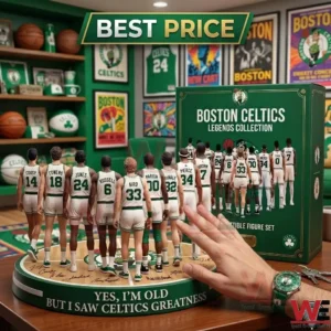A group of Boston Celtics player figures arranged on a trophy base next to a themed box in a fan room!