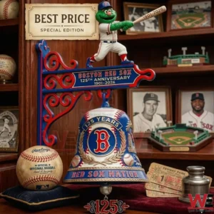 A complex collectible featuring a green mascot swinging a bat on top of a decorative bell marking the one hundred twenty fifth anniversary of a Boston baseball team!