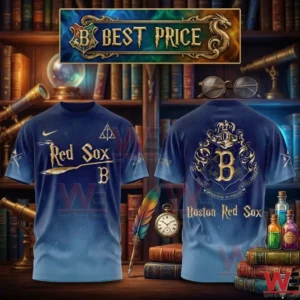 Front and back views of a magical themed Boston Red Sox t shirt displayed in a dark mystical library with wizarding accessories.