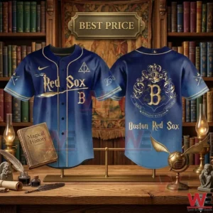 Front and back views of a blue gradient Boston Red Sox baseball jersey with gold magical themed graphics in a wizard library setting.