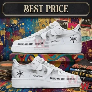 White custom sneakers featuring band text and a face graphic on a colorful background!